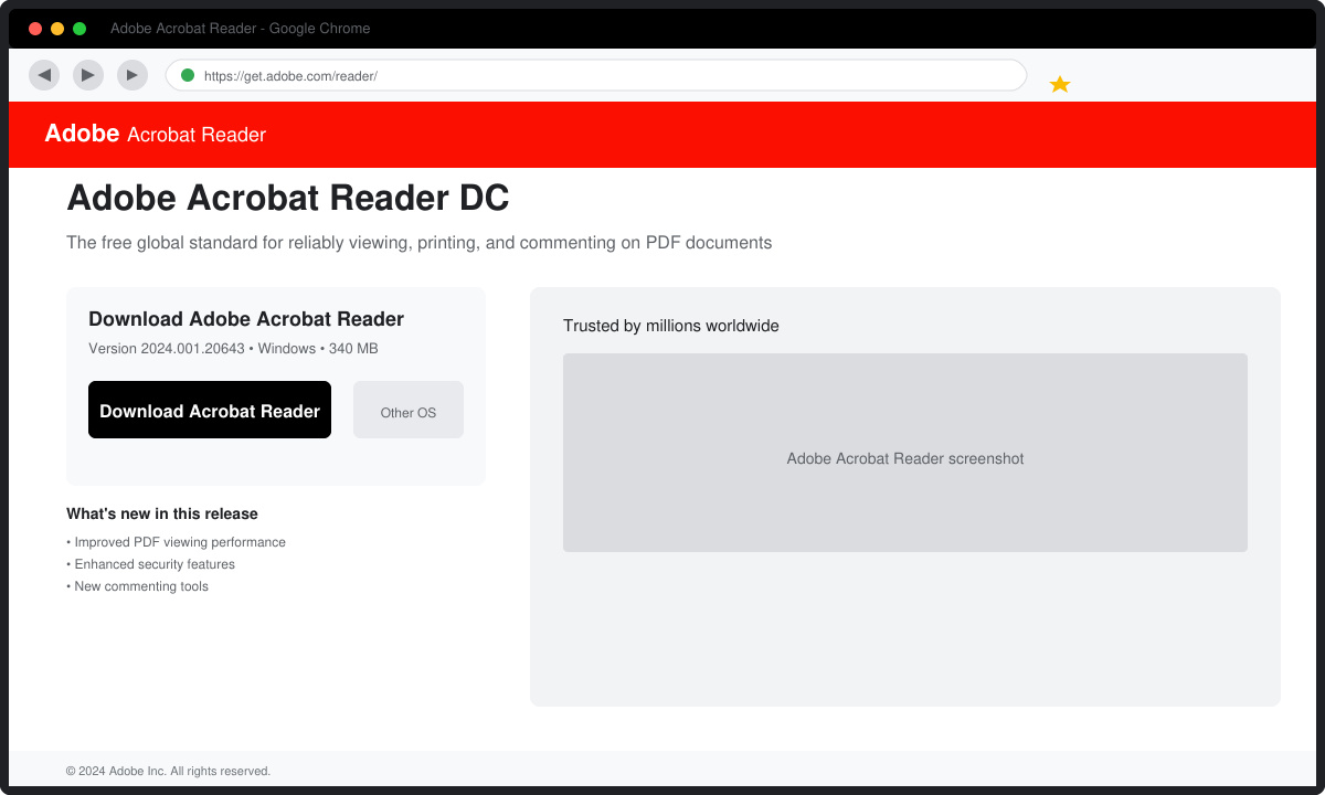 Adobe Free PDF Reader download page with operating system selection