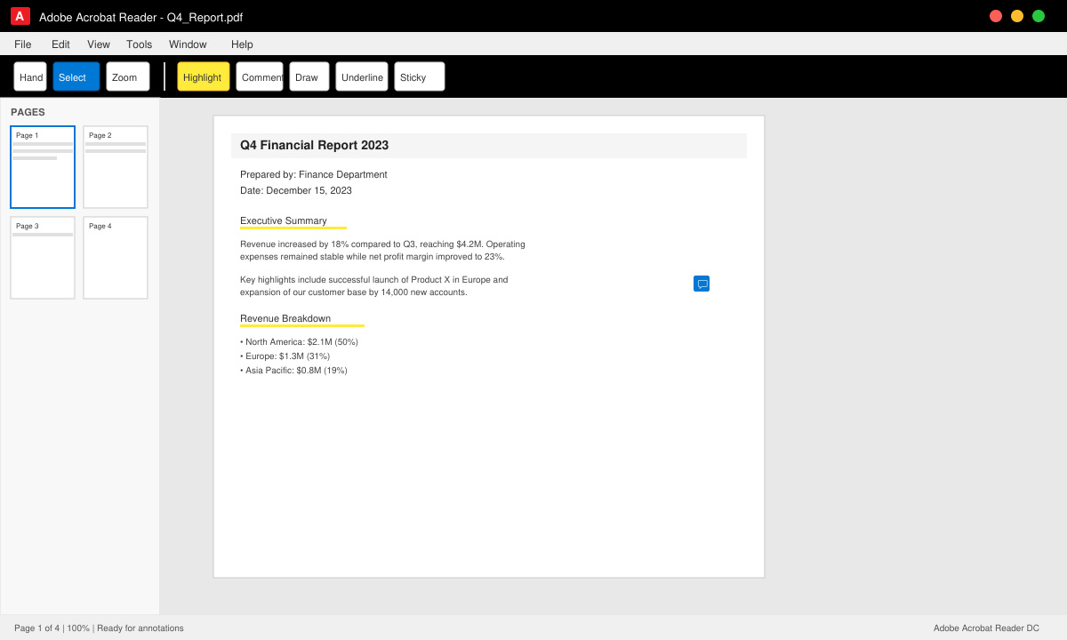 Adobe Free PDF Reader displaying an opened PDF document with toolbar visible