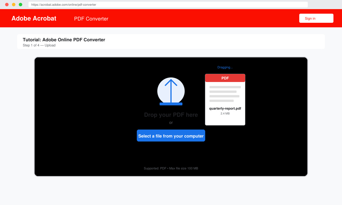 Close-up of the upload area on the Adobe Online PDF Converter page with a PDF file being dragged into the drop zone