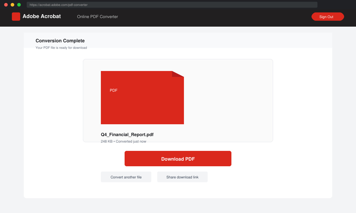 Result screen of the Adobe Online PDF Converter showing the converted file ready for download with a prominent download button