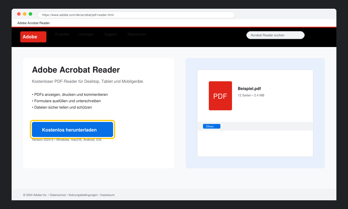 Download-Button für Adobe PDF reader freeware auf der Adobe-Website