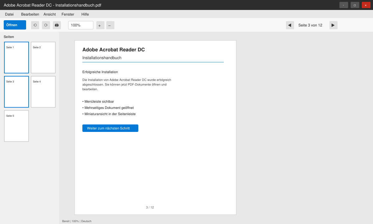 Erfolgreich installierter Adobe PDF reader freeware mit geöffnetem Dokument