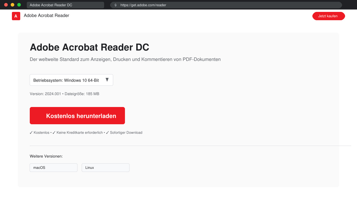 Browserfenster mit der Adobe Reader Download-Seite und ausgewähltem Betriebssystem