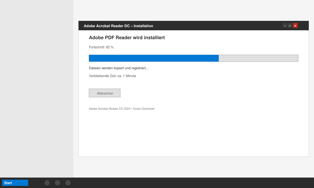 Installationsfortschrittsfenster des Adobe Acrobat Readers
