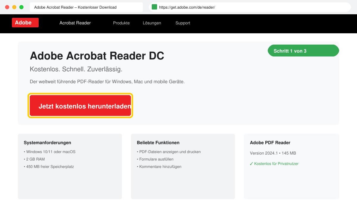 Browserfenster mit der Adobe Download-Seite und markierter Download-Schaltfläche
