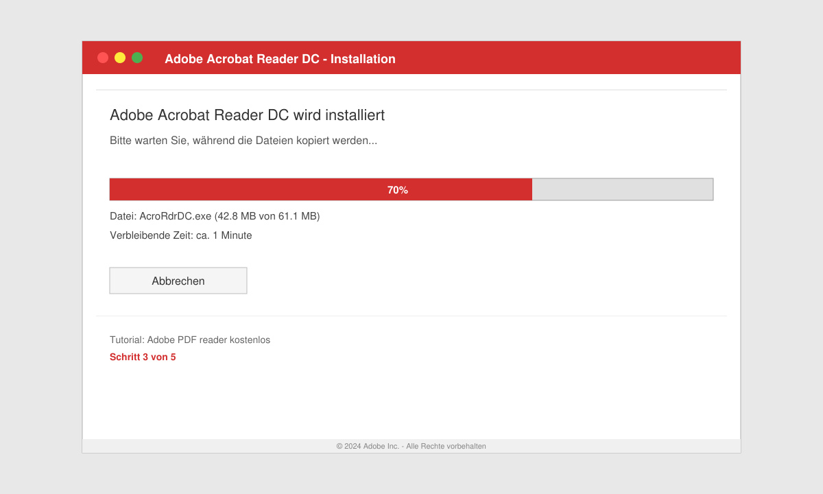 Installationsfenster des Adobe Acrobat Reader mit Fortschrittsbalken