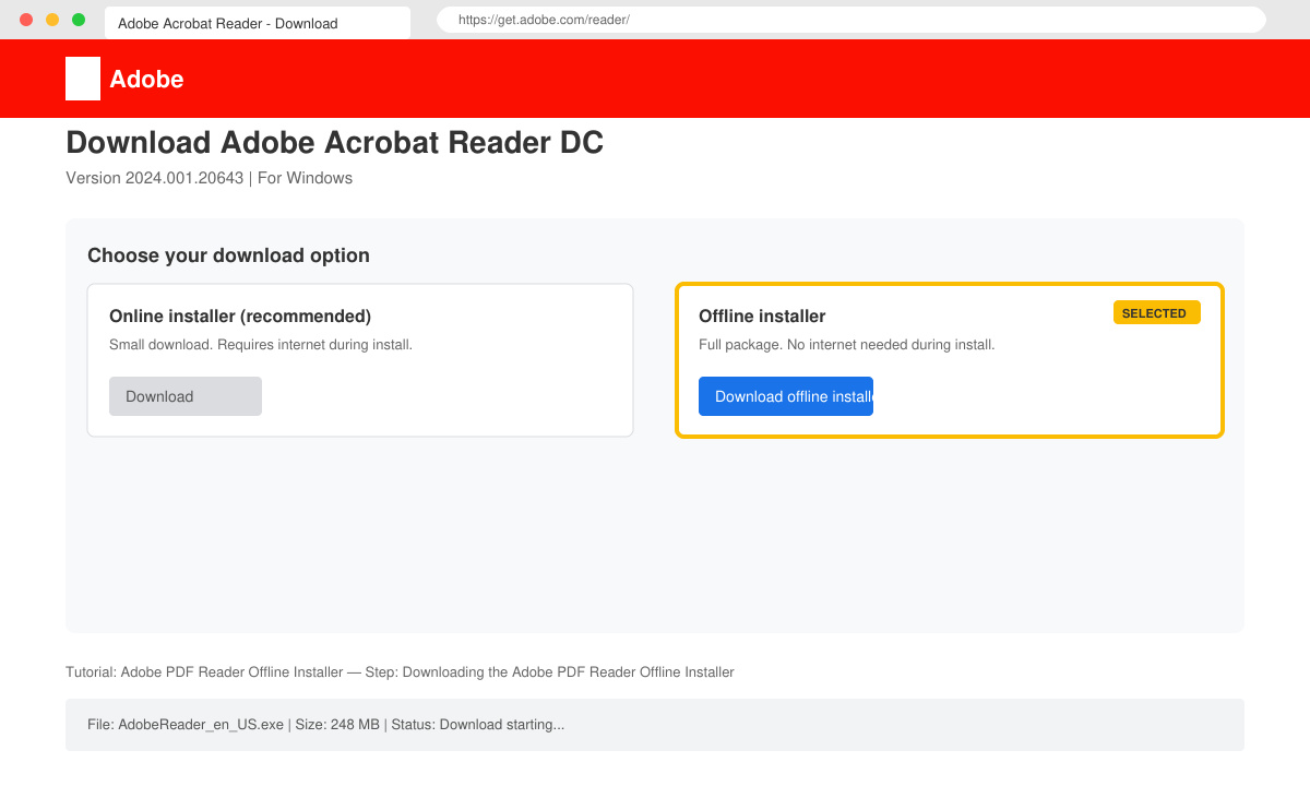 Screenshot of the Adobe download page with offline installer selection highlighted