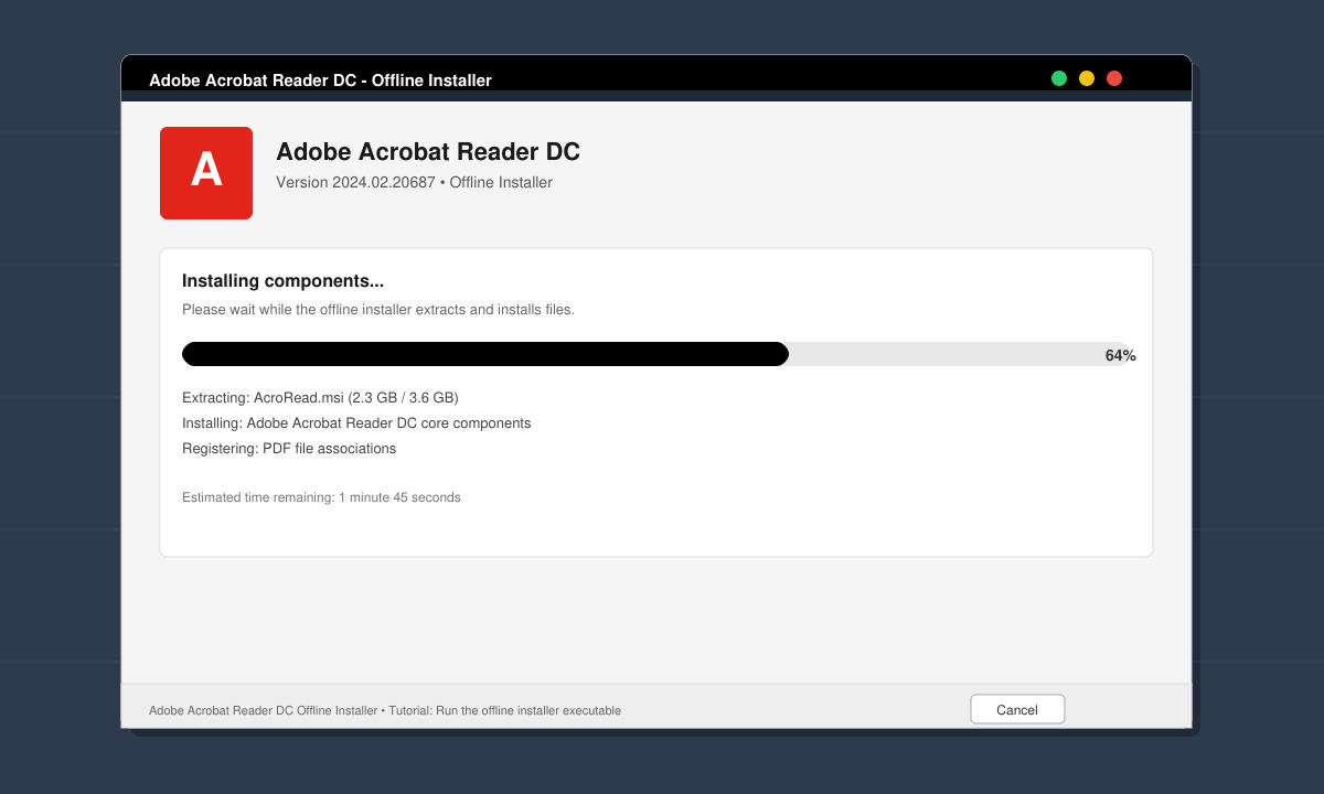 Adobe Acrobat Reader installer window showing progress during offline installation