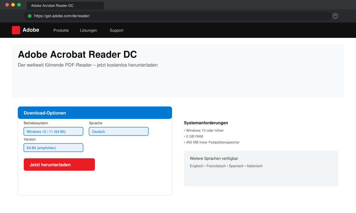 Browserfenster mit ausgewählter 64-Bit-Version und deutscher Sprache auf der Adobe-Download-Seite