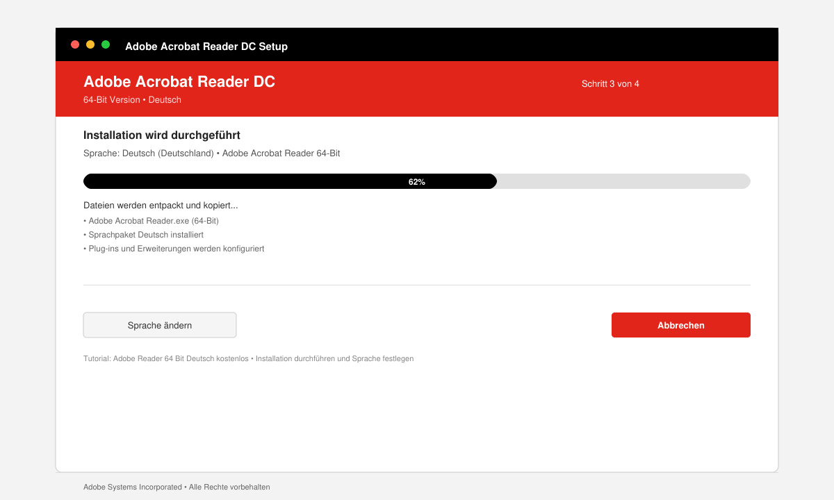 Installationsfortschritt mit deutscher Spracheinstellung im Adobe Acrobat Reader Setup