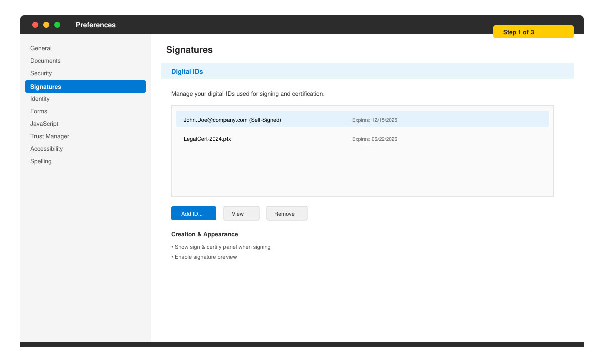 Screenshot of the Preferences window in Adobe Acrobat Reader with the Signatures section open and Digital IDs highlighted