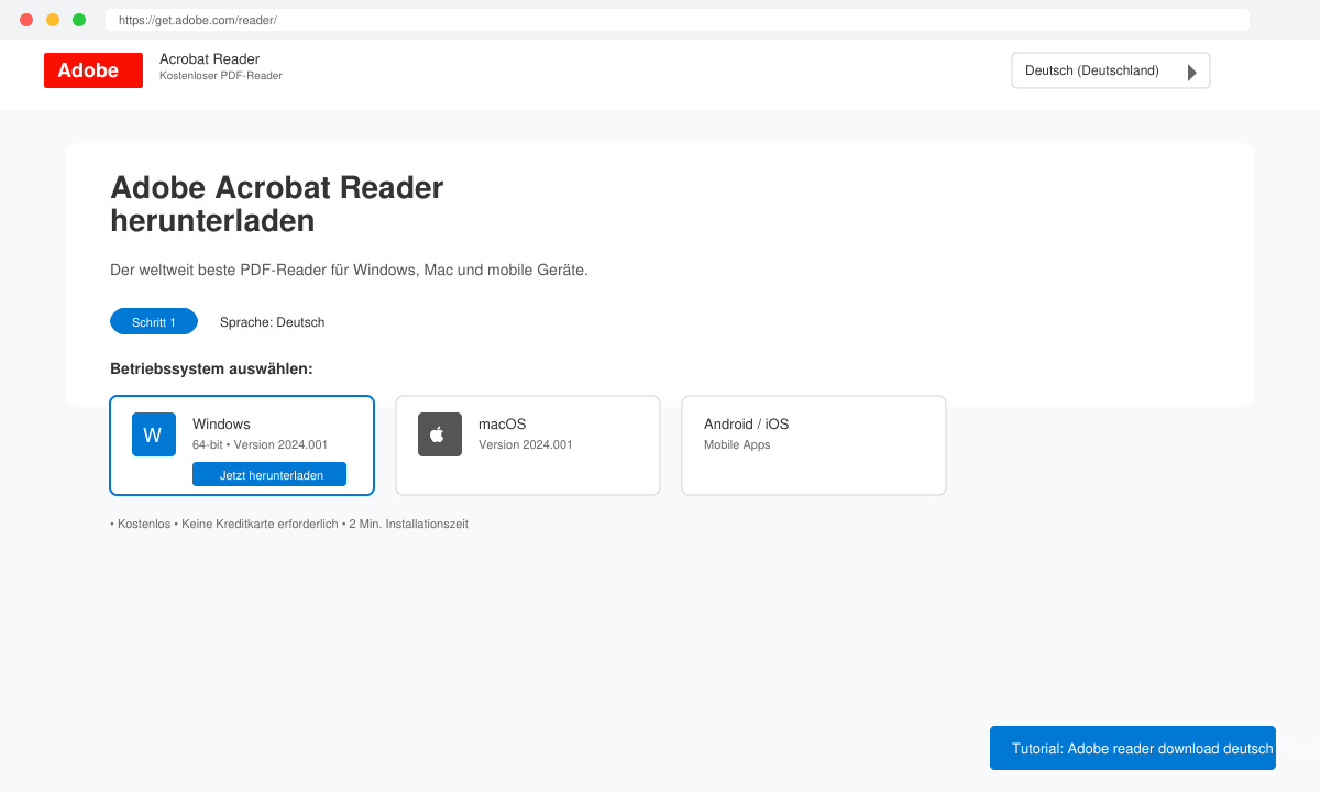 Screenshot of the Adobe download page with language dropdown set to German and OS selection visible