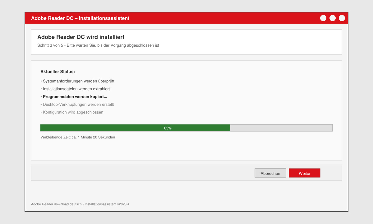 Installation wizard window with German text and progress bar during Adobe Reader setup