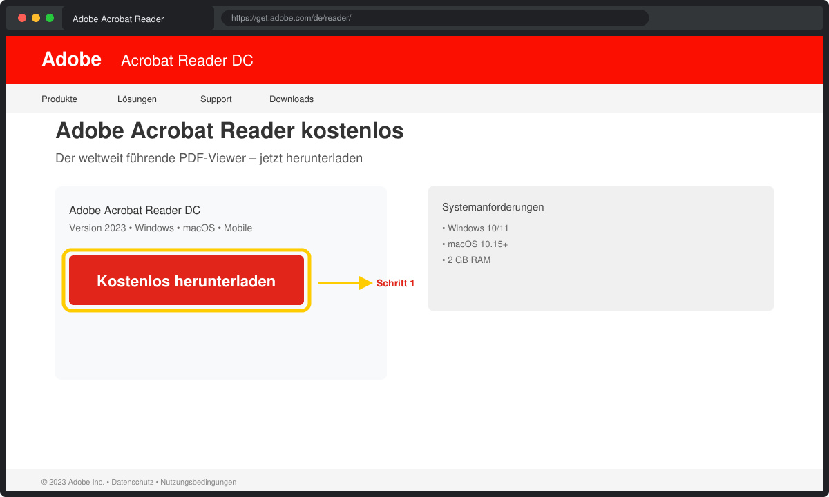 Browserfenster mit der Adobe Download-Seite und hervorgehobenem Download-Button