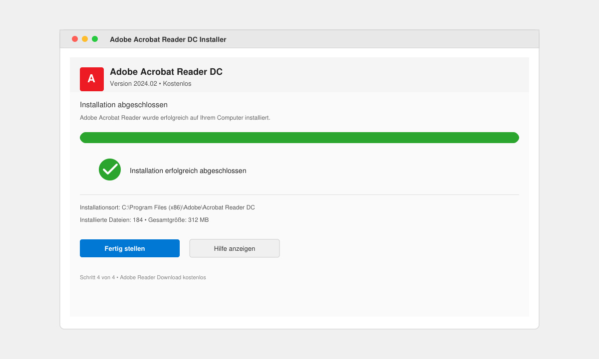 Installationsfenster des Adobe Acrobat Reader mit Fortschrittsbalken