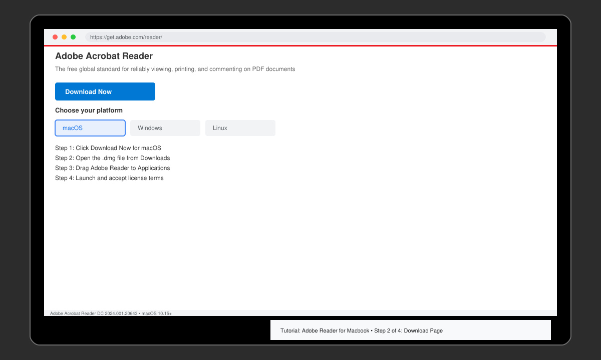 Screenshot of the Adobe Reader download page on a Macbook browser with the macOS button highlighted