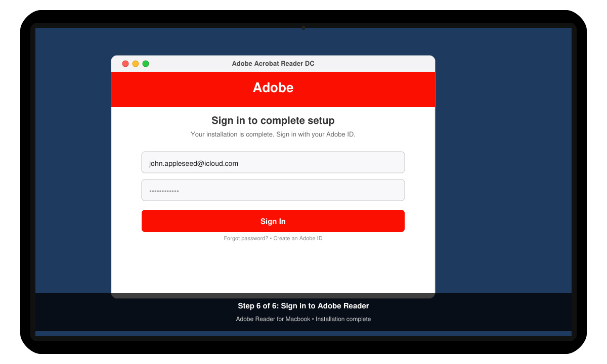 Macbook screen showing the Adobe Reader sign-in window after installation