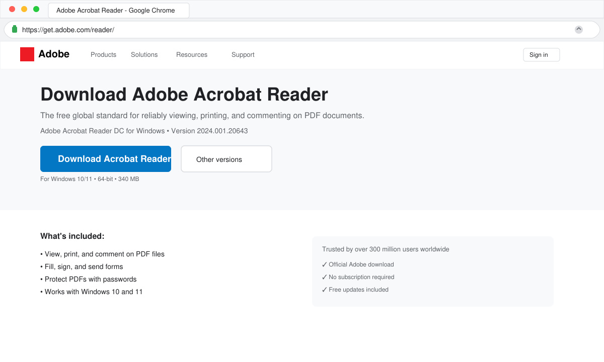 Adobe Reader for Windows download page with the official installer button highlighted