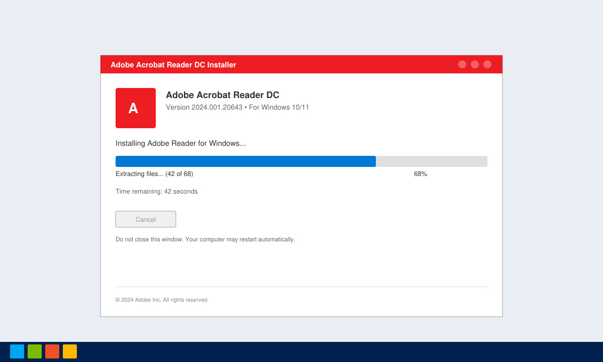 Adobe Reader for Windows installation progress screen during setup