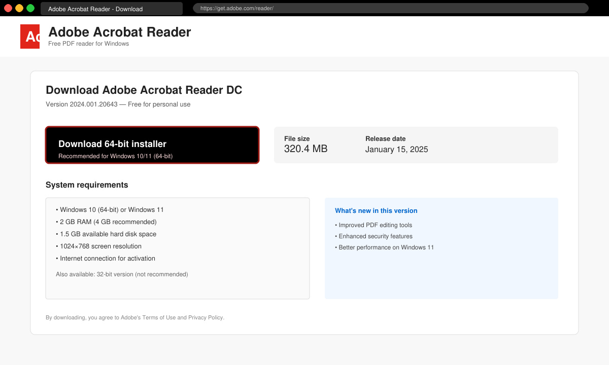 Screenshot of the download page with the Windows 64-bit installer button highlighted and file size displayed