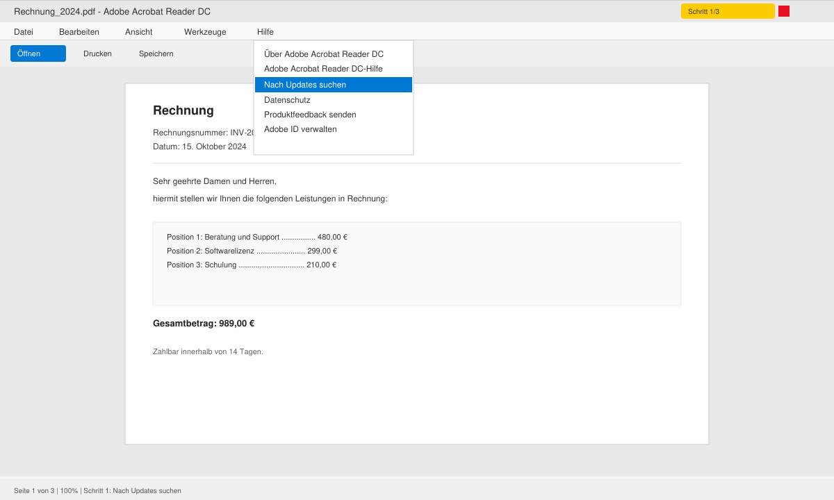 Adobe Reader Menü mit markierter Option „Nach Updates suchen“