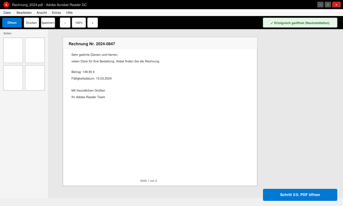 Erfolgreich geöffnetes PDF-Dokument im Adobe Reader nach der Neuinstallation