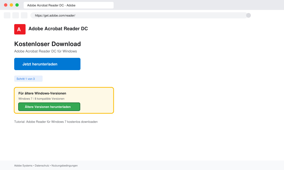 Browserfenster mit der Adobe-Download-Seite und hervorgehobener Schaltfläche für ältere Versionen