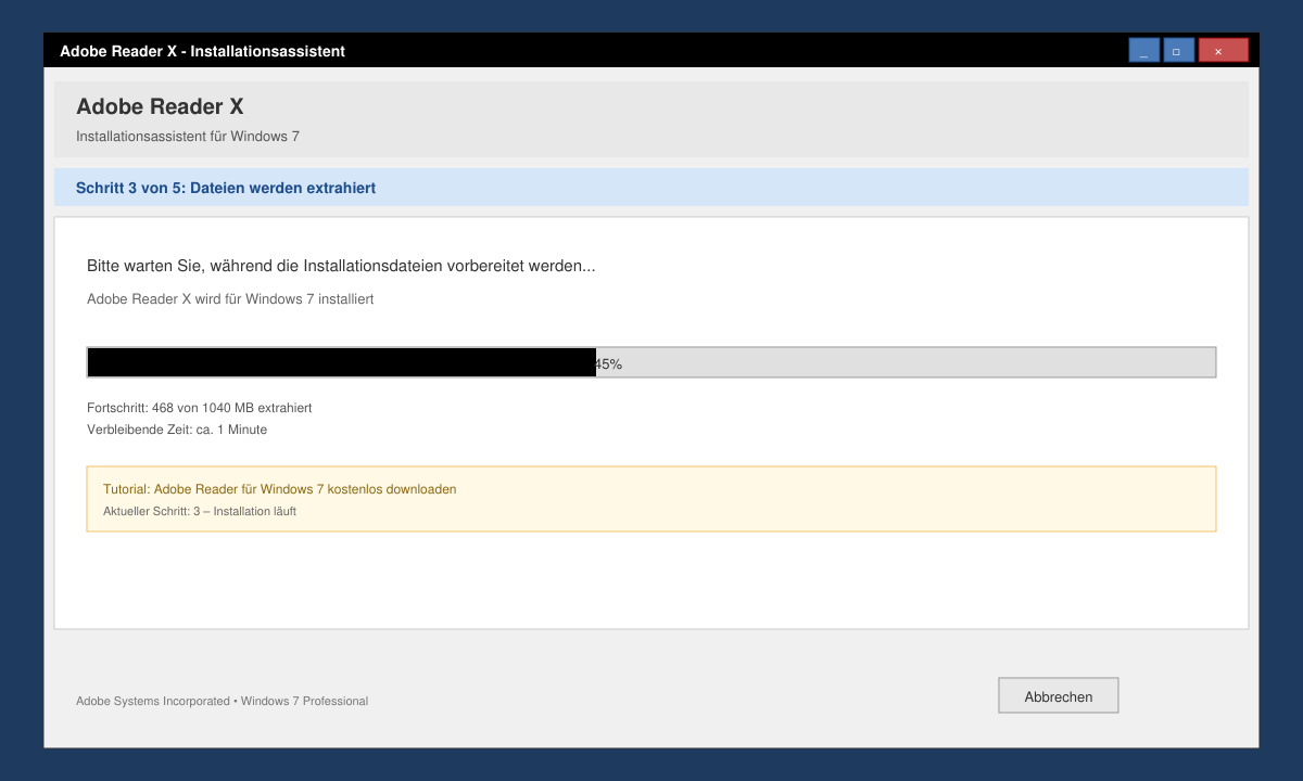 Installationsassistent von Adobe Reader mit Fortschrittsbalken unter Windows 7