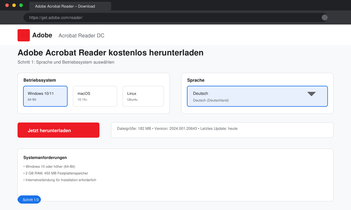 Adobe Reader Download Seite mit Auswahl für Betriebssystem