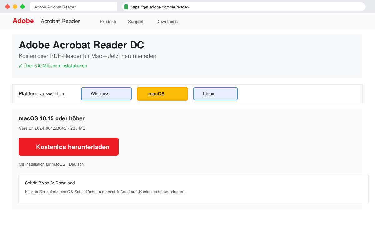 Adobe Reader Mac kostenlos Download Seite im Browser
