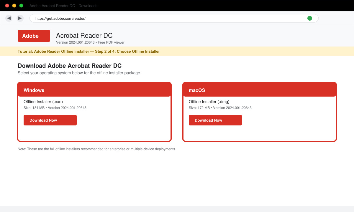 Browser window showing Adobe Reader download options with Windows and macOS selections highlighted