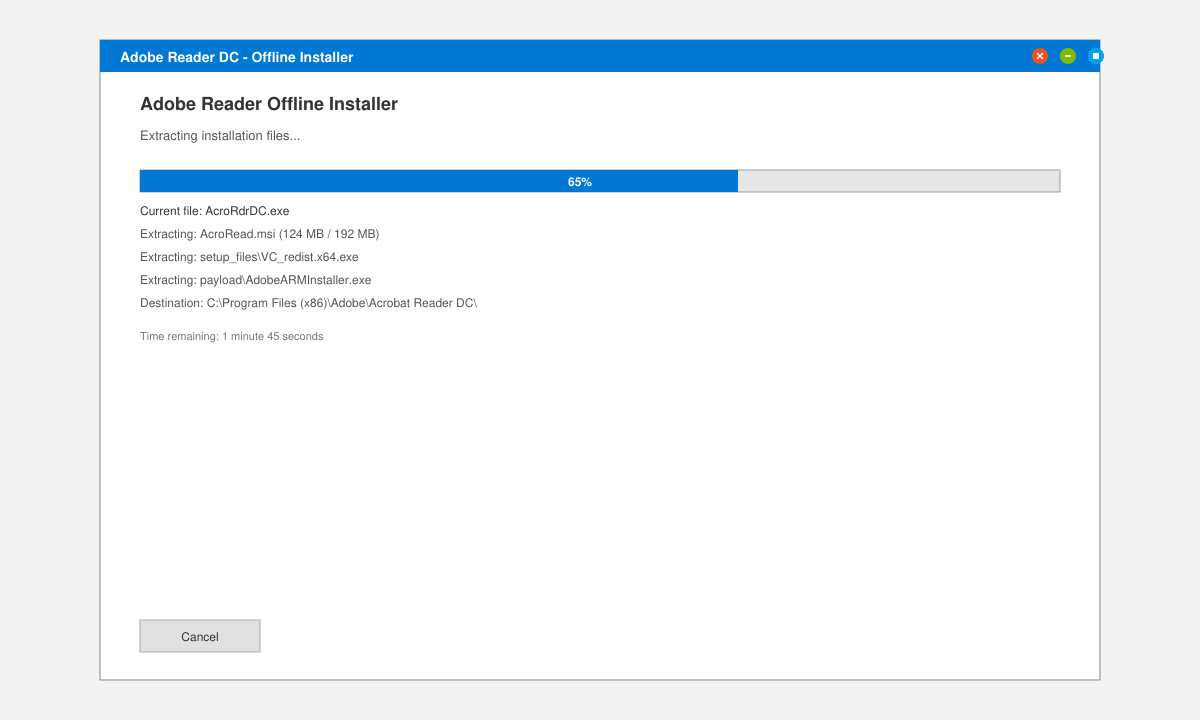 Windows installation wizard for Adobe Reader showing progress bar at 65 percent complete