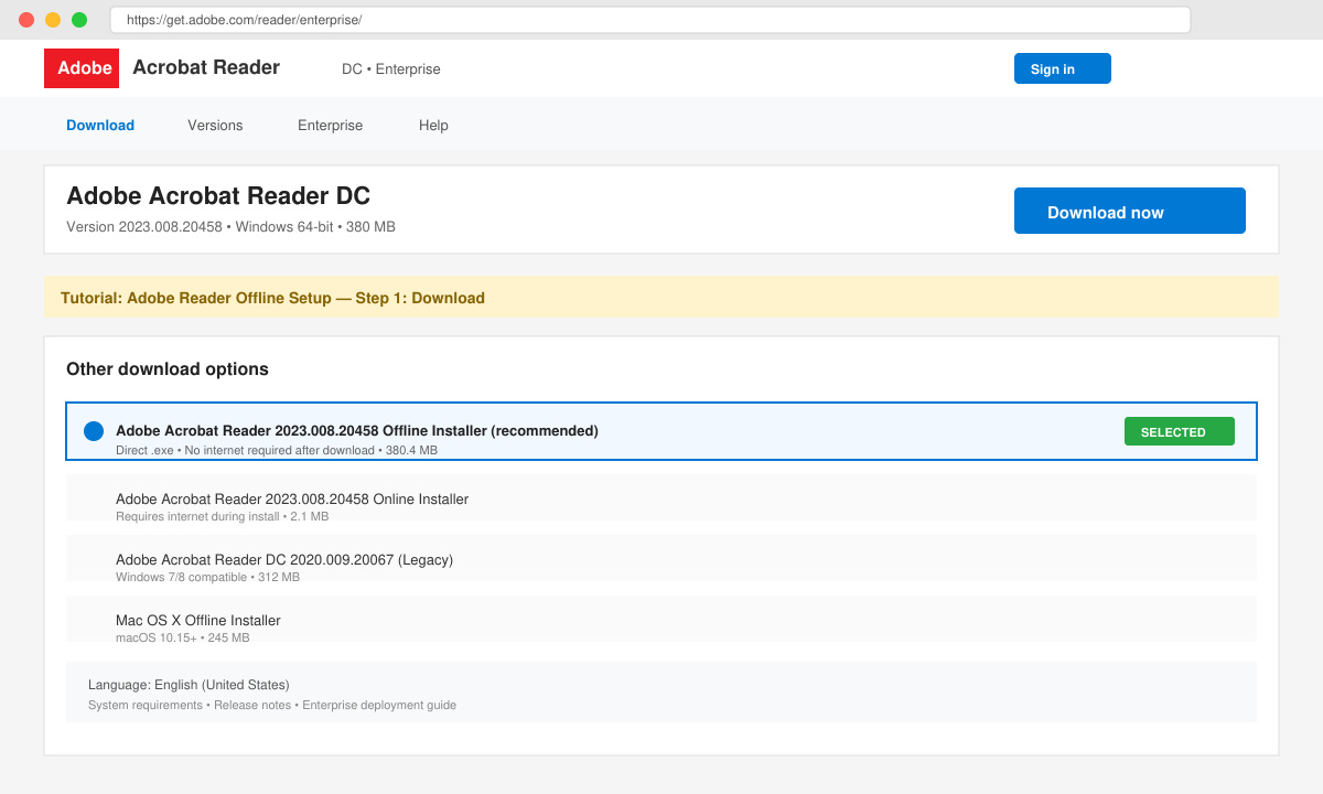 Screenshot of the Adobe download page highlighting the offline installer link