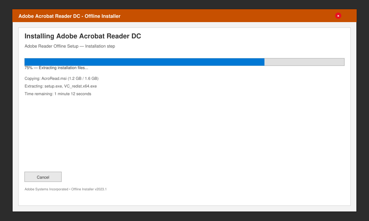 Installation wizard window showing progress bar during Adobe Reader offline setup