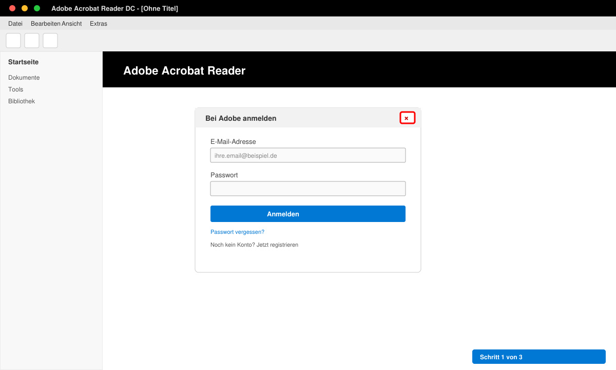 Bildschirm mit Adobe Reader Startfenster und markiertem Schließen-Button der Anmeldung