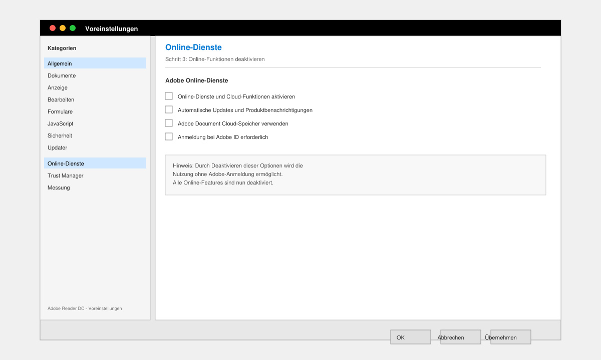 Einstellungsfenster von Adobe Reader mit deaktivierten Online-Optionen