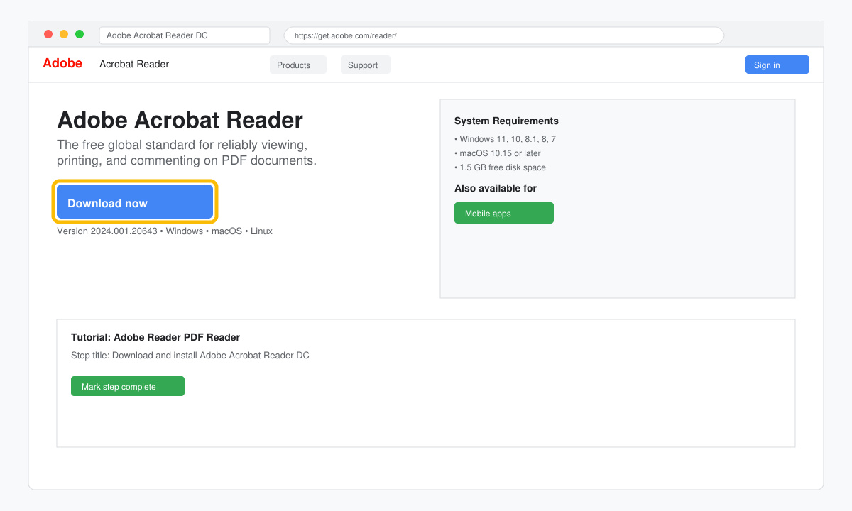 Screenshot of the Adobe Reader download page with the main Download button highlighted