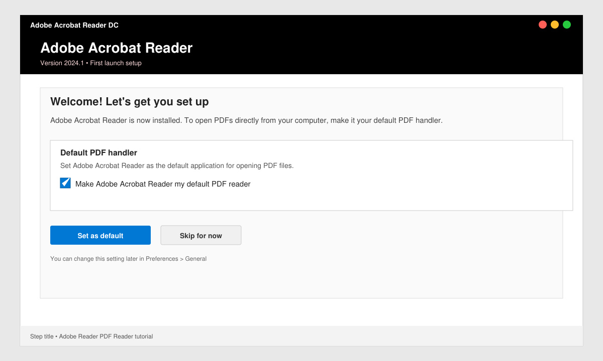 First-launch screen of Adobe Reader PDF Reader showing the default PDF handler option