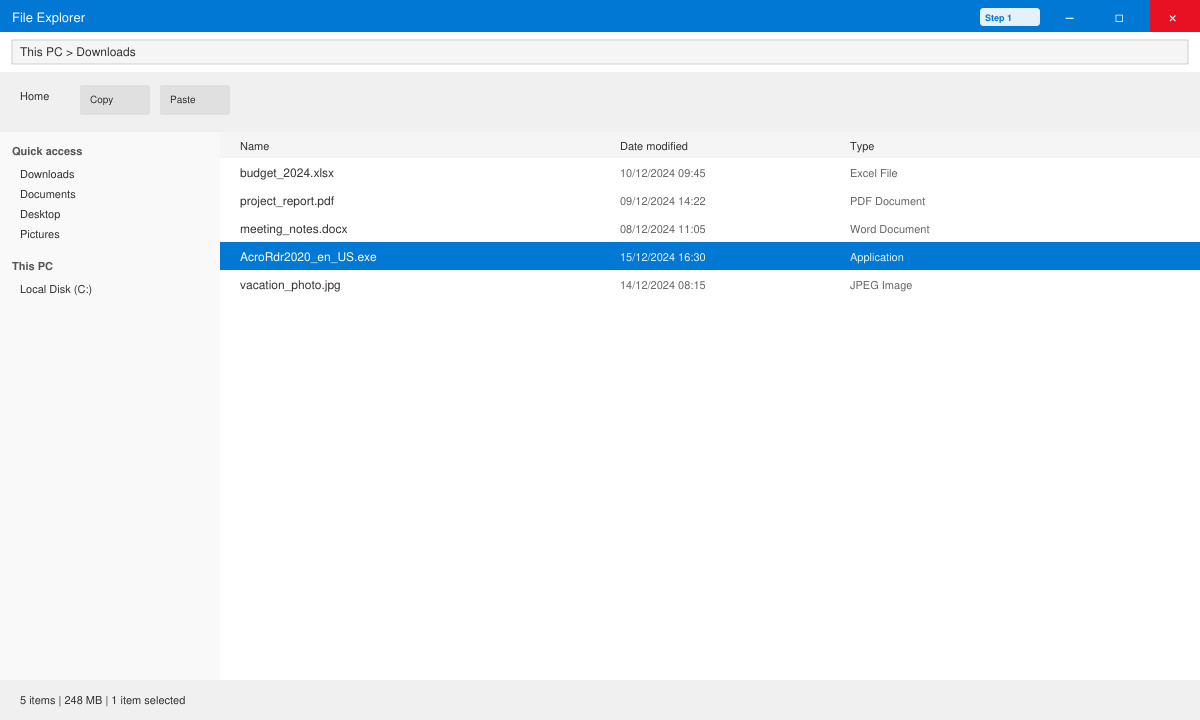 Windows File Explorer window displaying the downloaded Adobe Reader installer file highlighted and ready to run