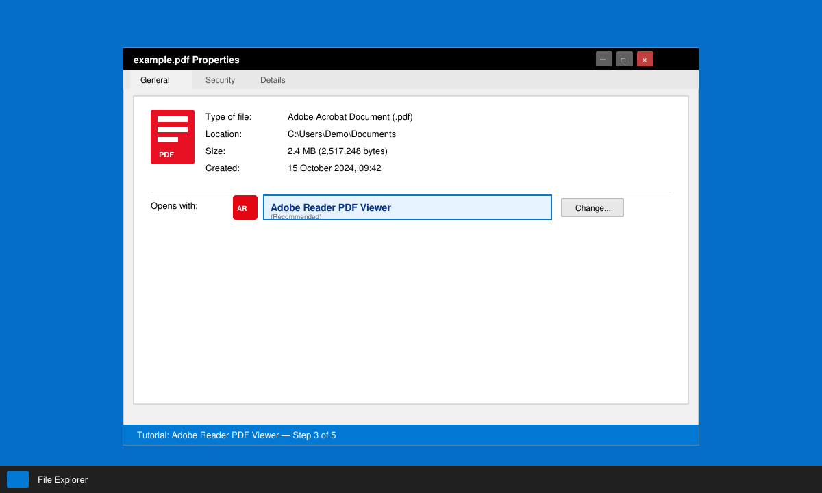 PDF file properties dialog on Windows with Adobe Reader PDF Viewer selected as the default program