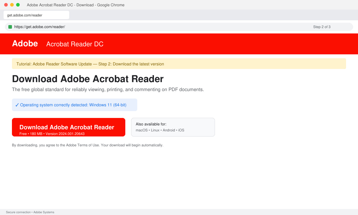 Adobe Reader download page for software update