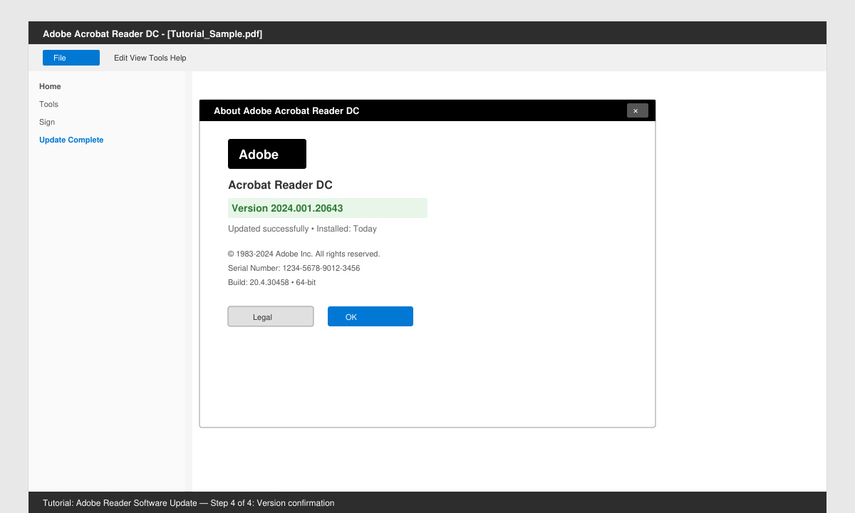 Adobe Reader about screen after successful software update