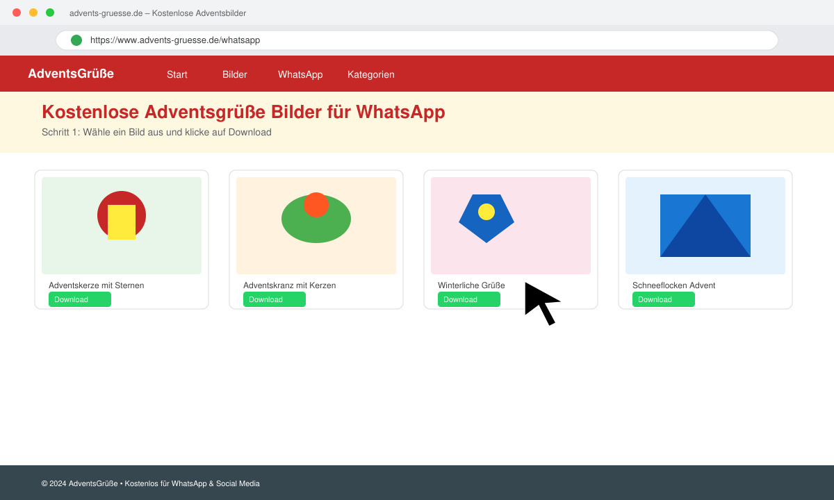 Bildschirmansicht einer Webseite mit Adventsbildern, Cursor auf Download-Button