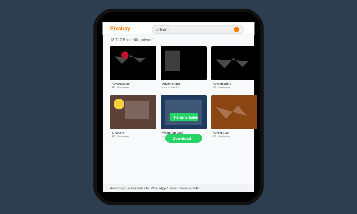 Smartphone-Bildschirm zeigt Pixabay-Suchergebnisse für Adventsgrüße mit Download-Button