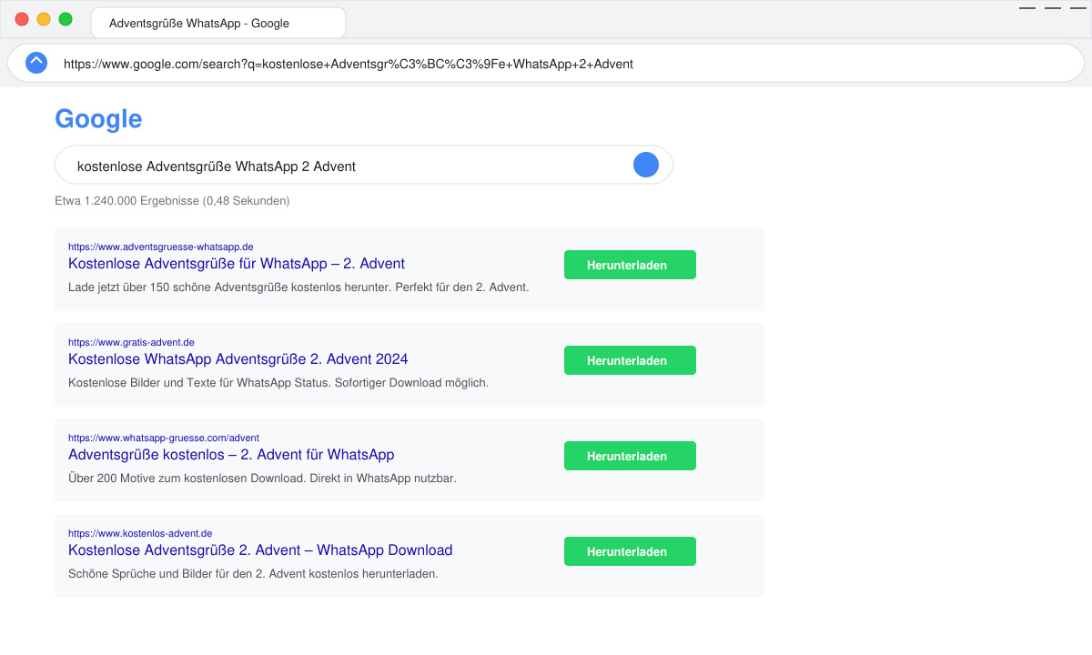 Browserfenster mit Suchergebnissen zu Adventsgrüßen und Download-Buttons