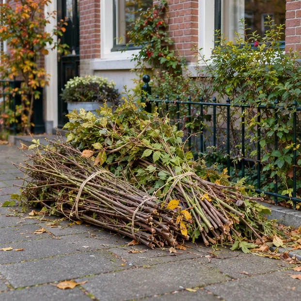 Een bundel snoeitakken ligt op de stoep naast een Amsterdamse woning