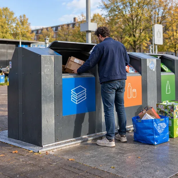 Een bewoner brengt gescheiden afval naar verschillende inzamelcontainers bij een recyclepunt