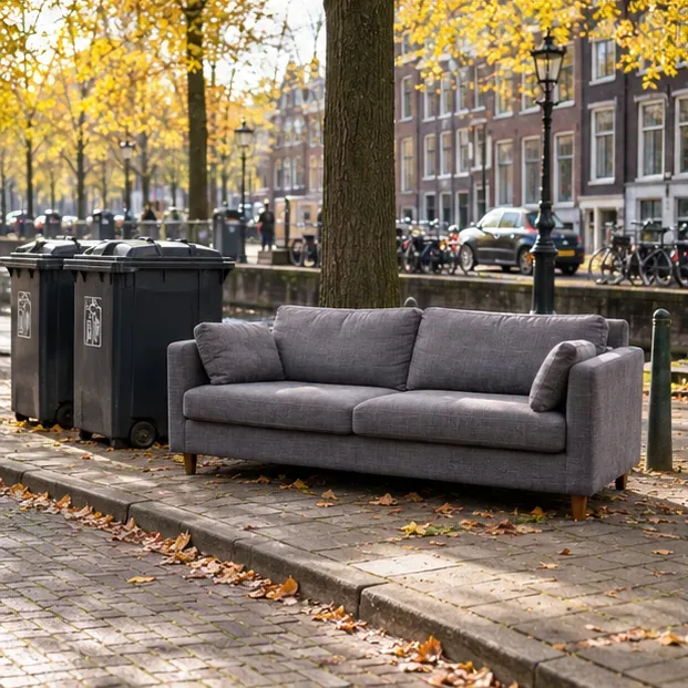 Een bank staat op de stoep vlak naast een afvalcontainer en een boom