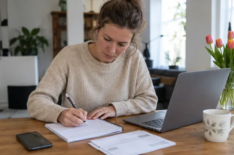 Bewoner noteert thuis adresgegevens naast een laptop en telefoon ter voorbereiding op een afvalpasaanvraag