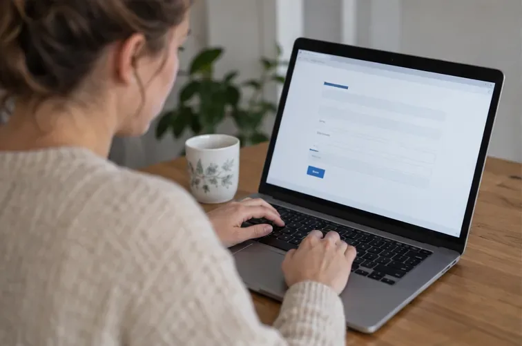 Bewoner vult op een laptop een eenvoudig online formulier in voor een praktische aanvraag